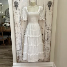 The Great Savannah Size 2 Woman's White Smocked Peasant Ruffle Midi Dress