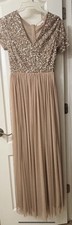 Maya Deluxe Beige Sequin Maxi Dress US 8 V-Neck Short Sleeve Tulle Formal