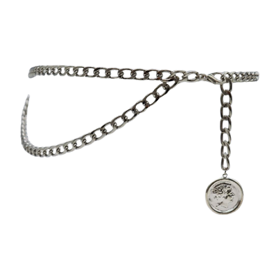 Women Silver Metal Chain Link Fashion Belt Medallion Coin 