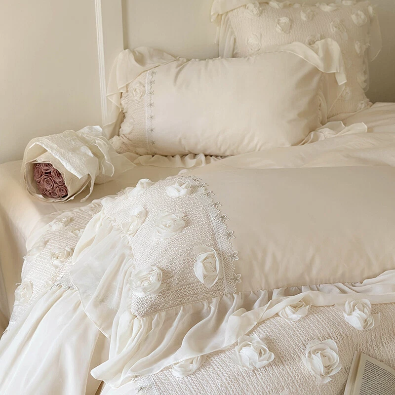 Bedding Set Jacquard Embroidery Flowers Lace Duvet Cover Bed Sheet 2 Pillowslips - Image 3 of 4