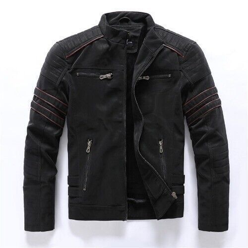 Herren Motorrad PU Lederjacke Freizeit Stehkragen Vintage Fleece Faux Mantel - Bild 8 von 15