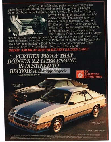 1984 dodge shelby charger vtg print ad
