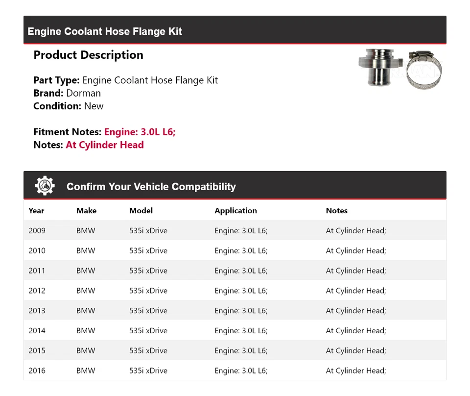 Kit de brida de manguera de refrigerante de motor Dorman 3,0 L L6 para BMW 535i xDrive 2009-2016 Foto 2 de 4