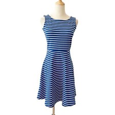 Talbots Blue White Striped Fit & Flare Dress Petite Nautical Preppy Sleeveless