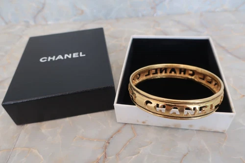 CHANEL Logo Gold-Plated Bangle Bracelet Vintage