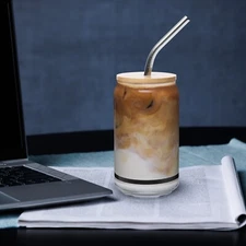 New Can-Shape Glass with Lid & Straw Durable Graphic Minimalist Style Hand Wash