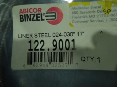 Abicor-Binzel PN: 122.9001.  Liner Steel 024-030''  17'.  New  Old Stock