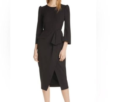 cheap long sleeve midi dress A-Line Flowy Long Sleeve Tie V Neck Pleated Midi Dress, Dark Green / XS
