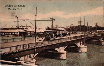 PC PHILIPPINEN MANILA BRÜCKE VON SPANIEN STRASSENBAHN VINTAGE POSTKARTE (b63148)
