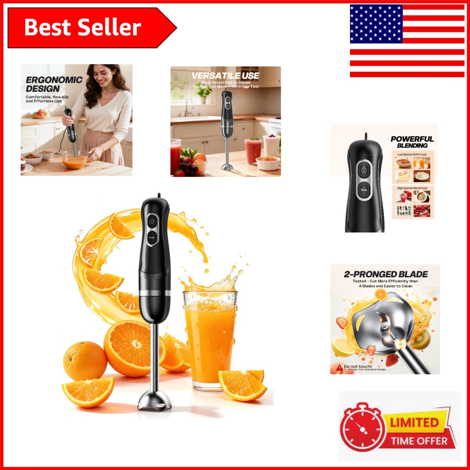 400W Corded Immersion Blender with 2 Speeds - Perfect for Smoothies & Soups