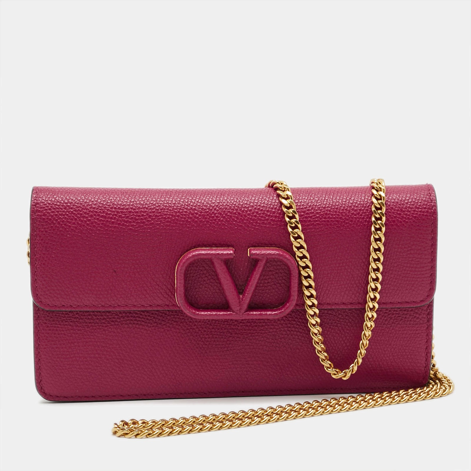 Valentino VLogo Fuchsia Leather Wallet On Chain
