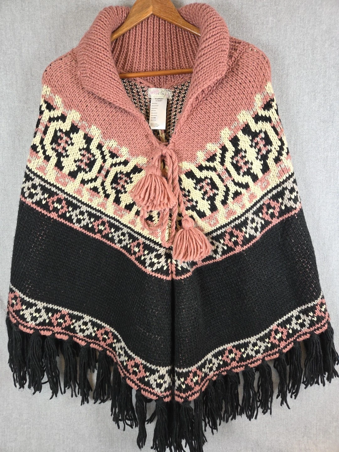Free People High Life Fair Isle Poncho Cape Boho Fair Isle Tassels Fringe