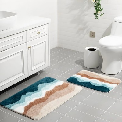 2 PCS Teal Ocean Fluffy Bath Mat Set 32x20 24x17 Inch Non Slip Microfiber