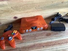 NINTENDO 64 FIRE ORANGE CONSOLE with CONTROLLER POWER SUPPLY TV AV CABLE MANUAL