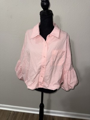 &merci Light Pink Poplin Button Up Top Medium M Puff Lantern Sleeve Cropped
