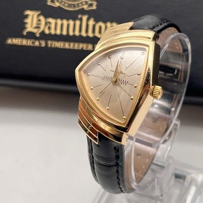 Hamilton Ventura Gold Tone Black Leather Wristwatch