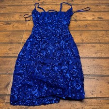 Windsor Royal Blue Sequin Damask Lace Up Back Mini Dress Bodycon Mesh