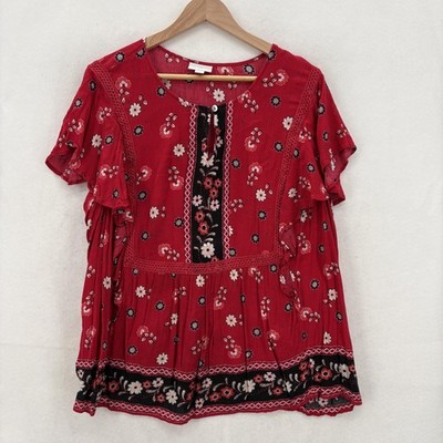J Jill Shirt Womens 2X Red Floral Boho Peasant Top Blouse Rayon Lace Print Y2K