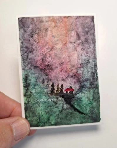 ACEO Original Abstract Tree Cabin Forest Landscape Watercolour  2.5" x 3.5"