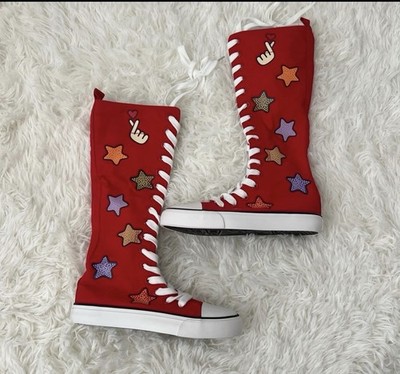 High top Star Print Kids Black/White Shin High Lace-Up Boots Size 13