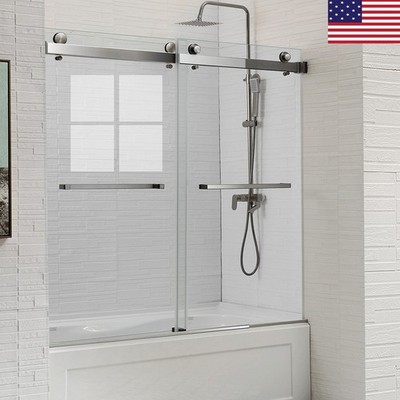 60''x 62'' Bathtub Frameless Door Frameless Shower Door For Tub Brushed Nickel