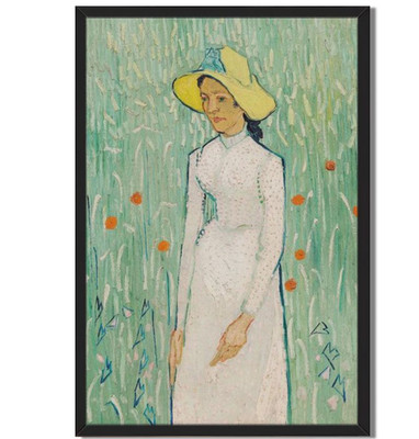 Framed Post-Impressionist Woman in Field Painting with Yellow Hat and Flowers