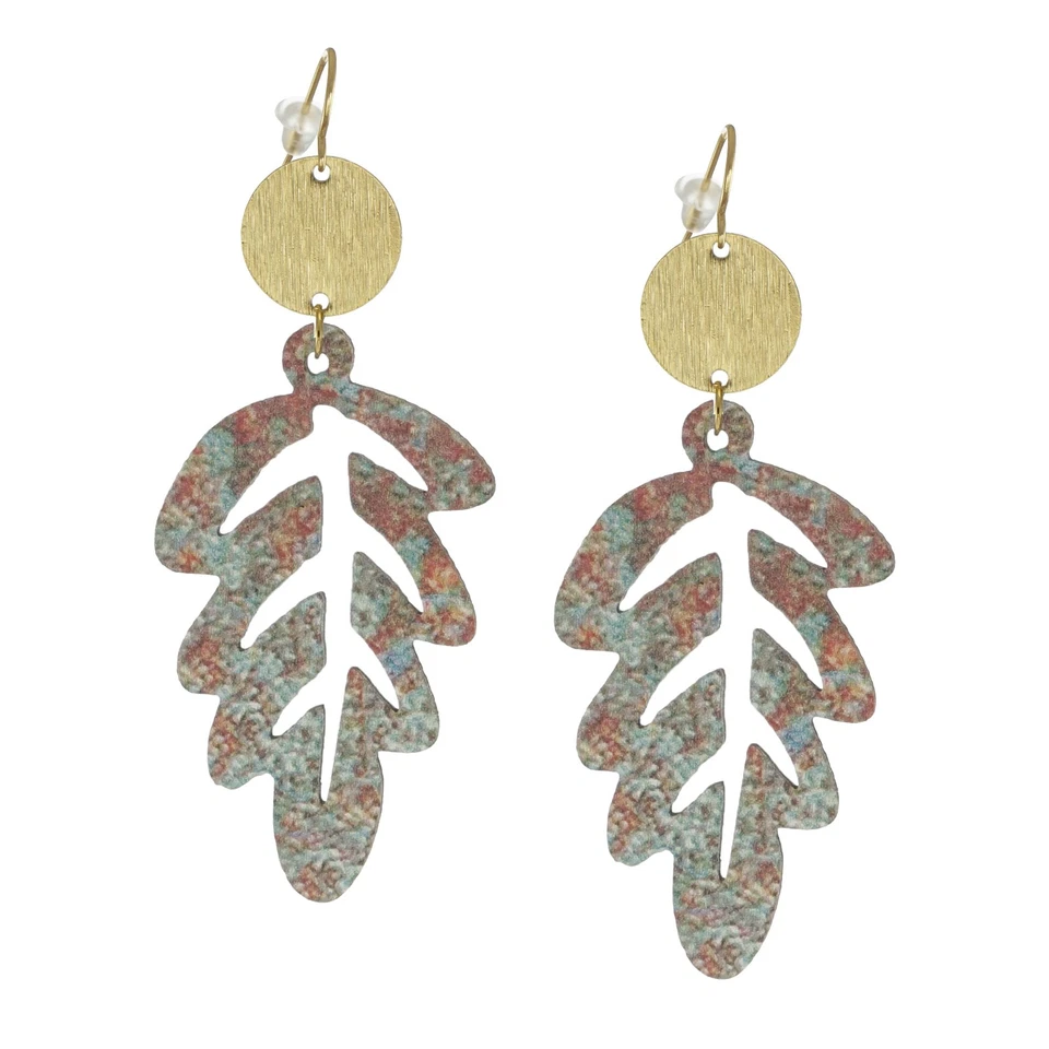 Pendientes Boho Rústicos Multicolor Hoja de Madera y Oro, Alambres para Orejas de Oro 18K Foto 3 de 4