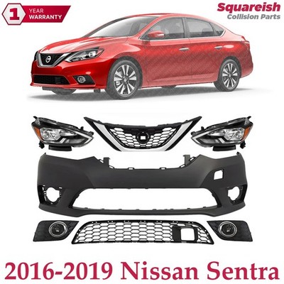 Front Bumper Cover Primed & Headlights Assembly Kit For 2016-2019 Nissan Sentra