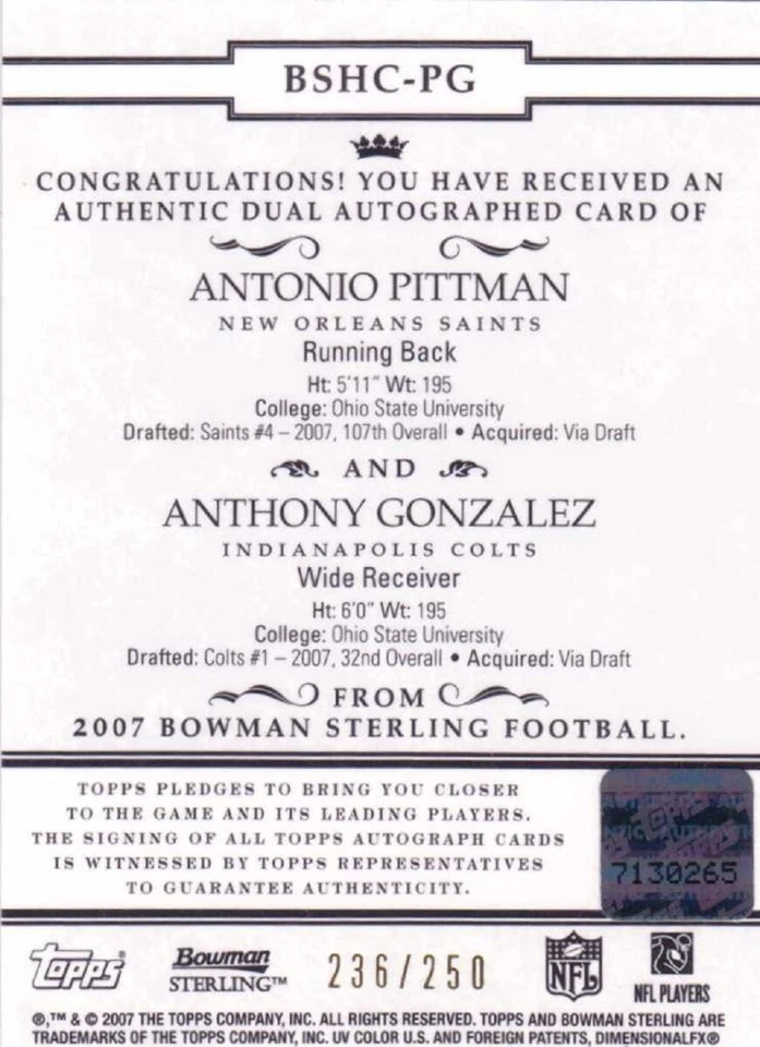 Antonio Pittman Anthony Gonzalez 2007 Bowman Sterling Doble Autógrafo Oro/250 Foto 2 de 2