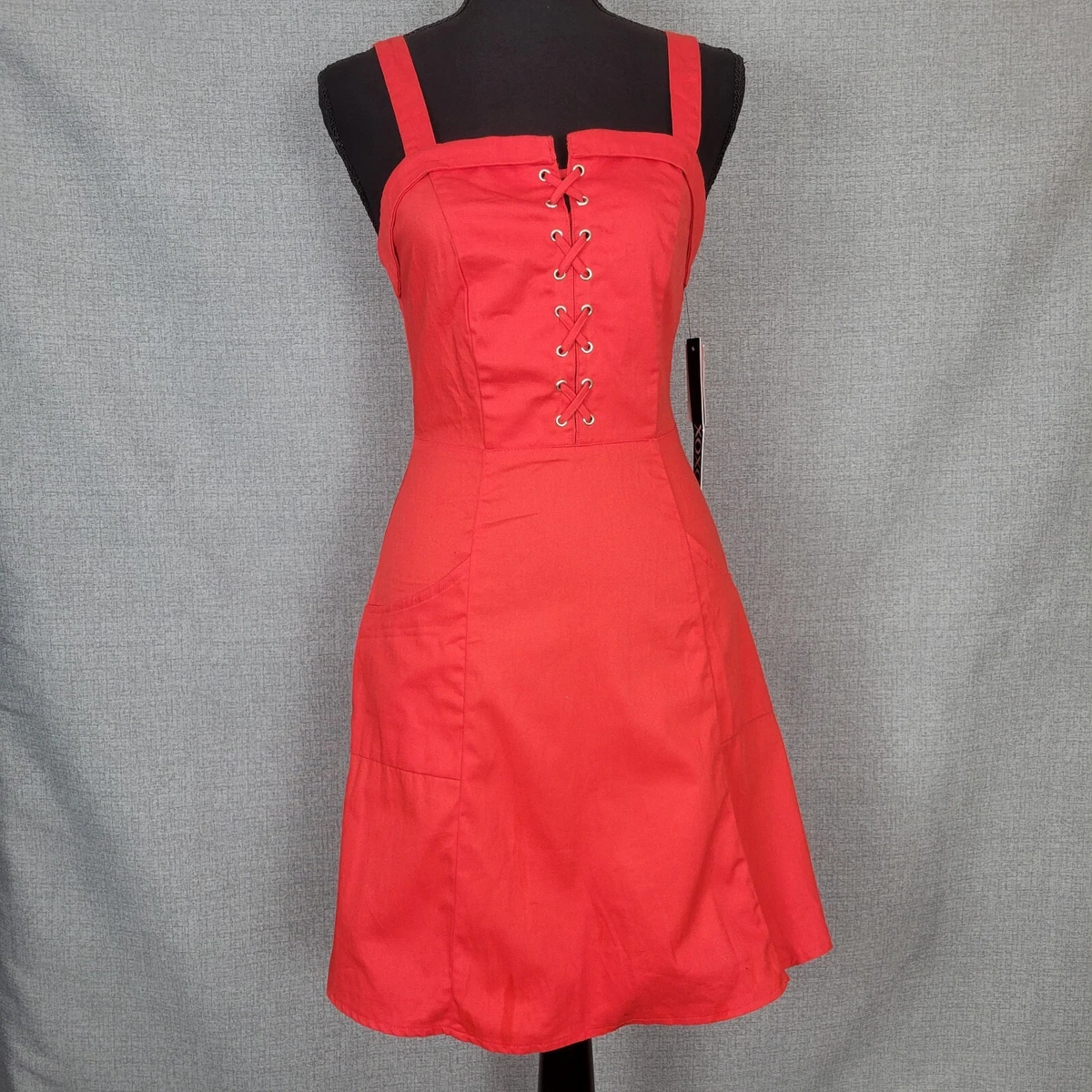 XOXO Dress Womens Extra Small Lace Up Fit and Flair Red Pockets