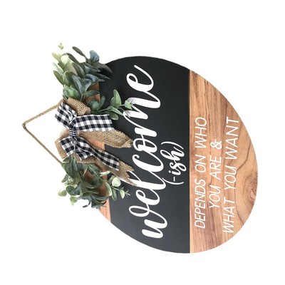 Wood Welcome Sign Front Door Welcome Round Halloween Christmas Wreath Decoration