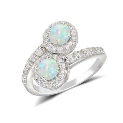 Simulated Opal and Cubic Zirconia Round-cut Halo Friendship Ring