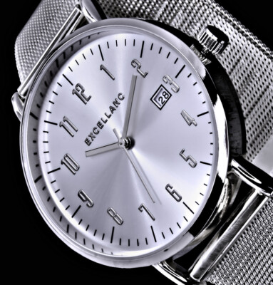 Excellanc Herren Uhr Silber Farben Edelstahl Mesh Armband Datum M10