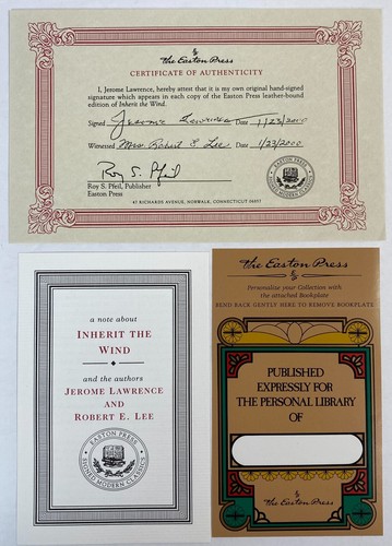 Inherit the Wind by Jerome Lawrence, Robert E Lee Easton Press, SIGNED w/ COA - Picture 10 of 10