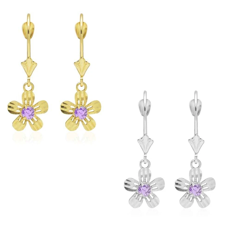 Pendientes de oro amarillo blanco de 14 k con piedra de nacimiento talla de diamante flor con cierre de palanca Foto 2 de 4