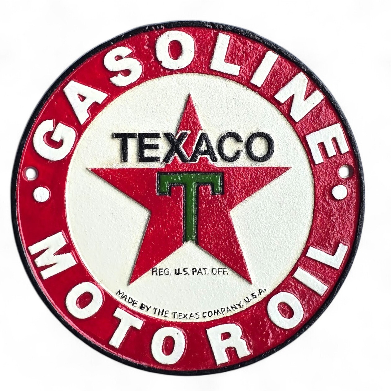 Texaco Gasoline Cast Iron Wall Sign – 8" Round Retro Garage Oil Decor