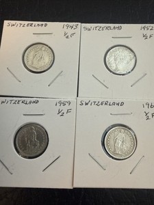 SWITZERLAND 1/2 FRANC COINS 1943, 1952, 1959 & 1962 - SILVER COINS
