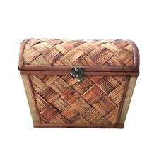 Vtg Woven Chest Trunk Wicker Wood Storage Box Brass Corners Latch Handles READ 
