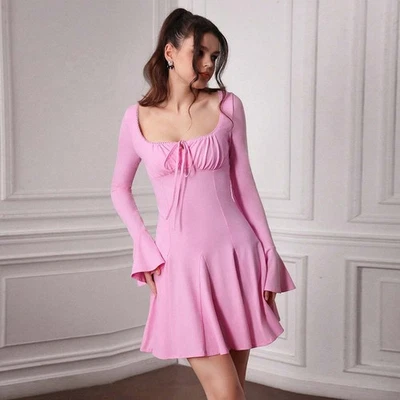 Women's Pink Square Neck High Waist A-Line Knit Dress With Bell Sleeves - Image 1 of 4