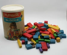 78 Vintage Colored Playskool Wood Blocks 1972 Canister & Lid