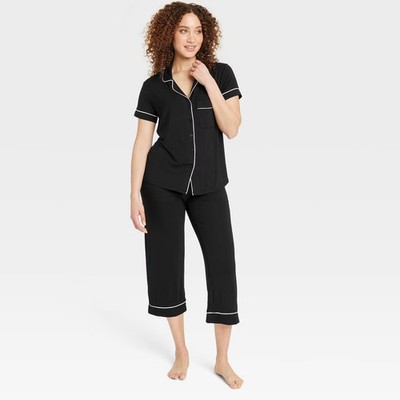 Women Cloud Knit Short Sleeve Notch Collar Top and Cropped Pants Pajama