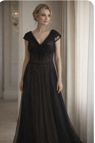 tadashi shoji black off shoulder sheer tulle gown size 16 dress Formal Wedding