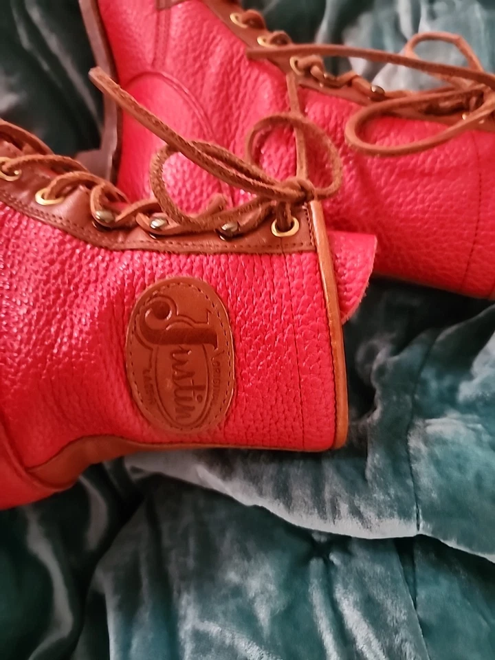 VINTAGE SHOES UNISEX SET BOOTS JUSTIN 7B L0538 RED LEATHER WESTERN LACE UP - Image 4 of 4