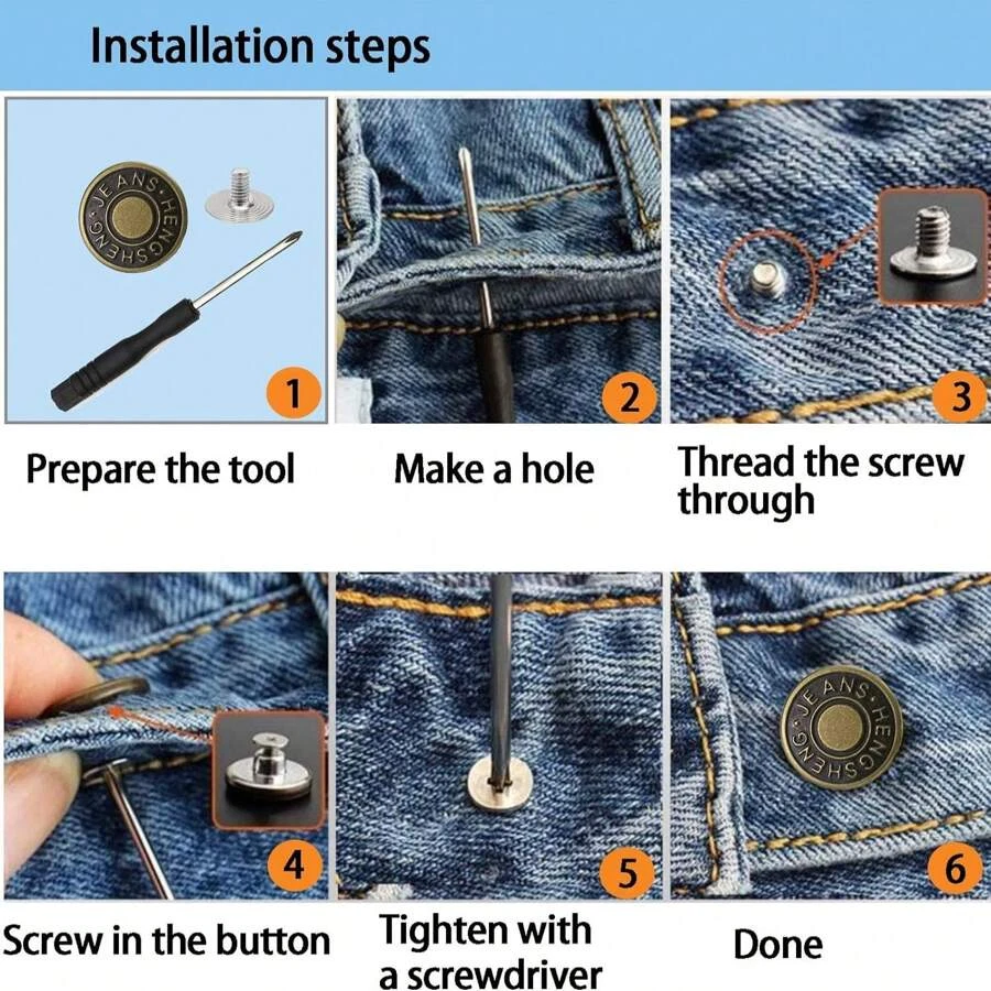 6 peças botões jeans sem costura botão jeans substituição com chave de fenda 17mm - Imagem 4 de 4
