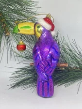 Glass Ornament CHRISTMAS TOUCAN ON BRANCH no maker mark