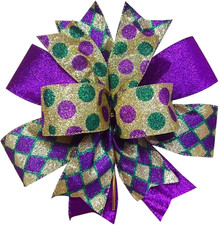Mardi Gras Wreath Bow 11 X 11 Inches Large Fat Tuesday Glitter Stripes Dots Ribb
