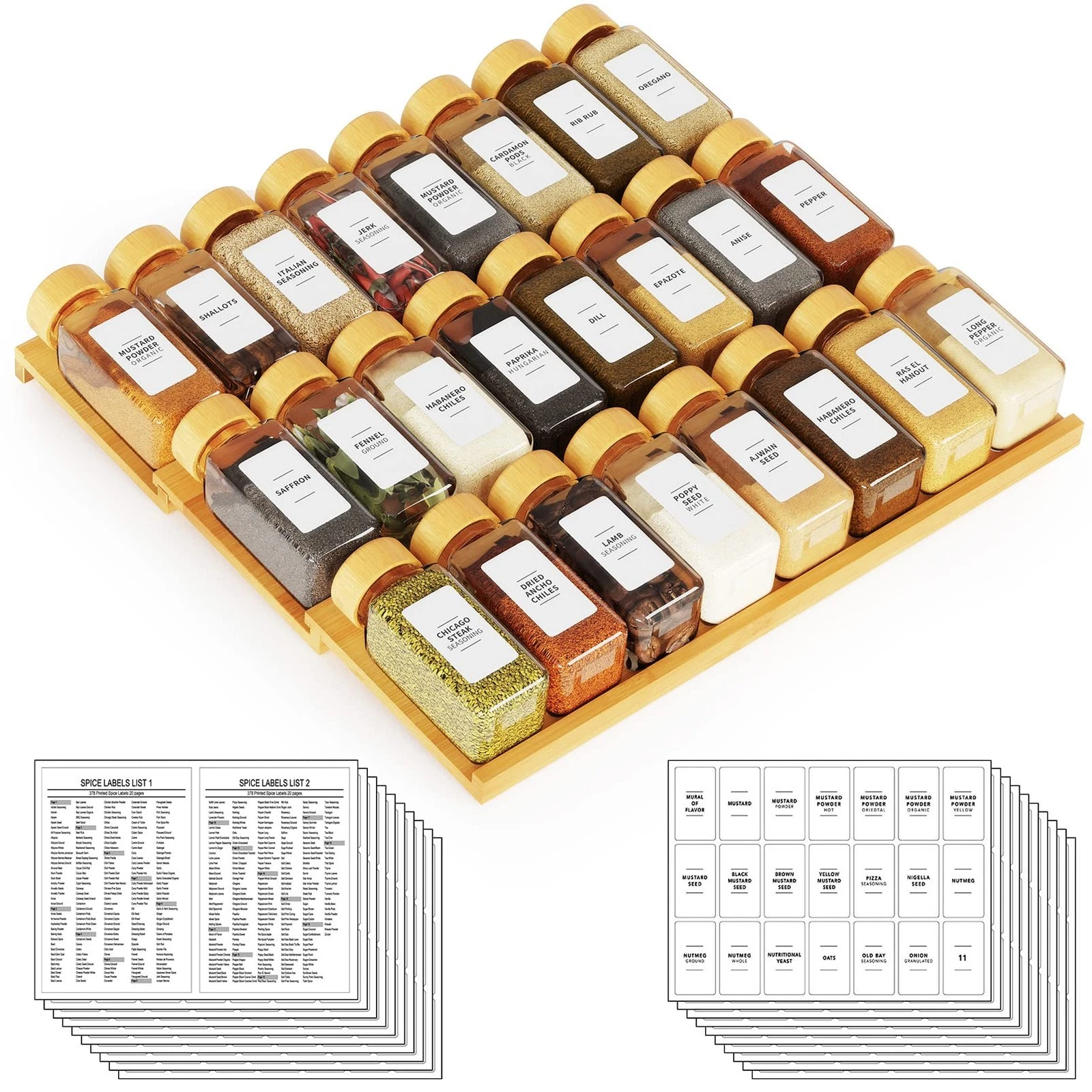 Spice Drawer Organizer with 24 Spice Jars, 378 White Minimalist Spice Labels,...