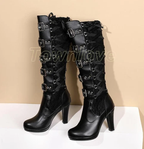 Victorian Women High Heel Gothic Tall Lace Up Knee High Steampunk Pirate Boots - Picture 11 of 22