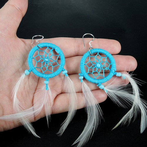 Orecchini Boho Piuma Acchiappasogni Blu Argento Sterling 925, Fatti a Mano - Foto 2 di 5