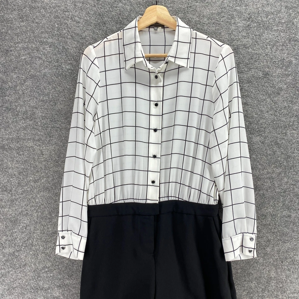 Mameluco Vince Camuto para mujer 6 blanco cuello a cuadros abotonado cintura elástica informal Foto 3 de 4